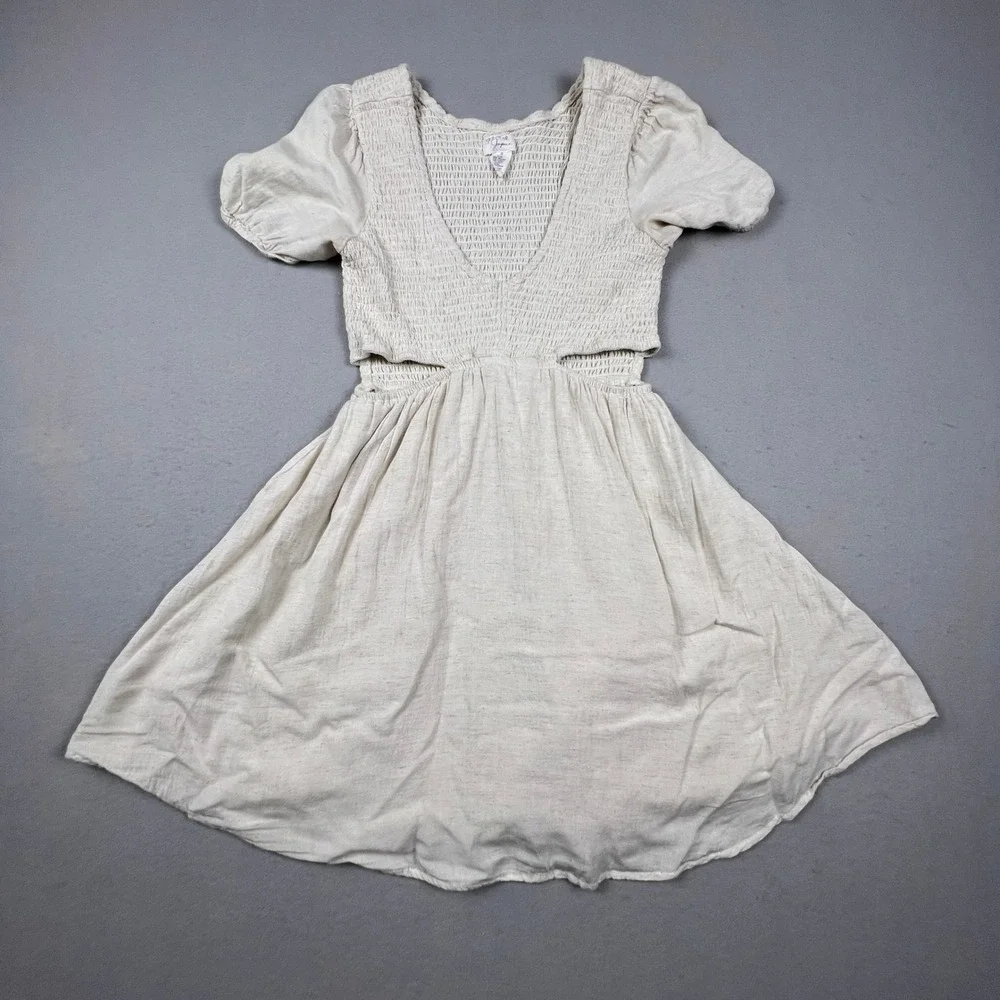 Spektor Jeans Dress Womens Small Oatmeal Linen Blend‎ Smocked Cut-Out Boho Mini